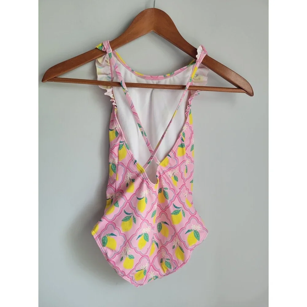 Mini Boden Girls Pink Lemons One Piece Swimsuit 8-9y
